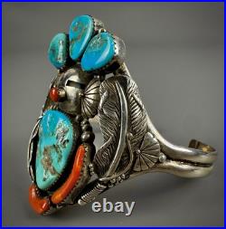 Large Vintage Navajo Sterling Silver Turquoise & Coral Kachina Cuff Bracelet Large Vintage Navajo Sterling Silver Turquoise & Coral Kachina Cuff Bracelet