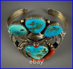 Large Vintage Navajo Sterling Silver Turquoise & Coral Kachina Cuff Bracelet Large Vintage Navajo Sterling Silver Turquoise & Coral Kachina Cuff Bracelet