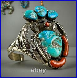 Large Vintage Navajo Sterling Silver Turquoise & Coral Kachina Cuff Bracelet Large Vintage Navajo Sterling Silver Turquoise & Coral Kachina Cuff Bracelet