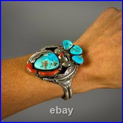 Large Vintage Navajo Sterling Silver Turquoise & Coral Kachina Cuff Bracelet Large Vintage Navajo Sterling Silver Turquoise & Coral Kachina Cuff Bracelet