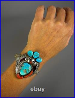 Large Vintage Navajo Sterling Silver Turquoise & Coral Kachina Cuff Bracelet Large Vintage Navajo Sterling Silver Turquoise & Coral Kachina Cuff Bracelet