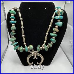 Large Vintage Navajo Sterling Silver & Turquoise Squash Necklace 139 Grams 27