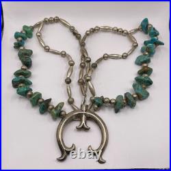 Large Vintage Navajo Sterling Silver & Turquoise Squash Necklace 139 Grams 27