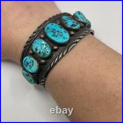 Large Vintage Sterling Silver & 7 Turquoise Navajo Cuff Bracelet Signed 68 Grams