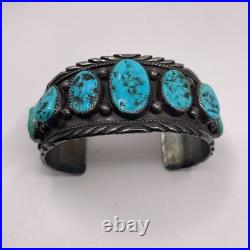 Large Vintage Sterling Silver & 7 Turquoise Navajo Cuff Bracelet Signed 68 Grams