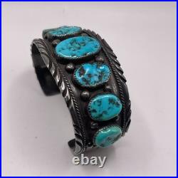 Large Vintage Sterling Silver & 7 Turquoise Navajo Cuff Bracelet Signed 68 Grams