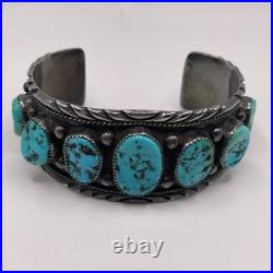 Large Vintage Sterling Silver & 7 Turquoise Navajo Cuff Bracelet Signed 68 Grams