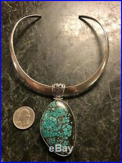 Large Vintage Sterling Silver Turquoise Pendant on Taxco Collar Necklace 925