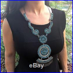 Large Zuni Handmade Sterling Silver & Needlepoint Turquoise Necklace