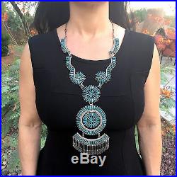 Large Zuni Handmade Sterling Silver & Needlepoint Turquoise Necklace