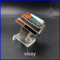 Larry Castillo NAVAJO Sterling Silver CORAL OPAL TURQUOISE Inlay RING size 8.5 Larry Castillo NAVAJO Sterling Silver CORAL OPAL TURQUOISE Inlay RING size 8.5