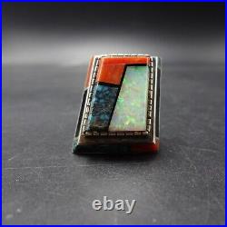 Larry Castillo NAVAJO Sterling Silver CORAL OPAL TURQUOISE Inlay RING size 8.5 Larry Castillo NAVAJO Sterling Silver CORAL OPAL TURQUOISE Inlay RING size 8.5