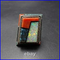 Larry Castillo NAVAJO Sterling Silver CORAL OPAL TURQUOISE Inlay RING size 8.5 Larry Castillo NAVAJO Sterling Silver CORAL OPAL TURQUOISE Inlay RING size 8.5