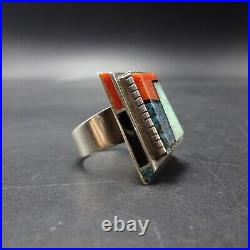 Larry Castillo NAVAJO Sterling Silver CORAL OPAL TURQUOISE Inlay RING size 8.5 Larry Castillo NAVAJO Sterling Silver CORAL OPAL TURQUOISE Inlay RING size 8.5
