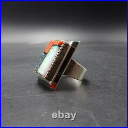 Larry Castillo NAVAJO Sterling Silver CORAL OPAL TURQUOISE Inlay RING size 8.5 Larry Castillo NAVAJO Sterling Silver CORAL OPAL TURQUOISE Inlay RING size 8.5