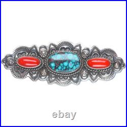 Leonard Platero Navajo sterling silver, high grade turquoise, coral pin/brooch