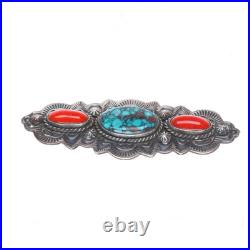 Leonard Platero Navajo sterling silver, high grade turquoise, coral pin/brooch