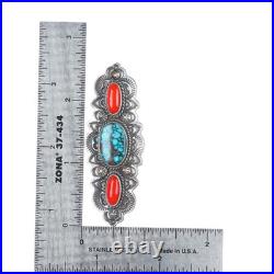 Leonard Platero Navajo sterling silver, high grade turquoise, coral pin/brooch