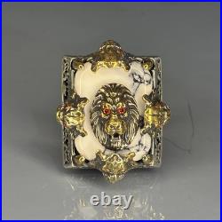 Lion Head White Turquoise 925 Sterling Silver Ring Handcrafted Statement Jewelry