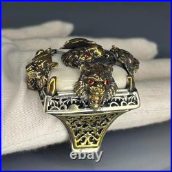 Lion Head White Turquoise 925 Sterling Silver Ring Handcrafted Statement Jewelry
