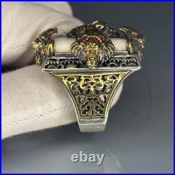 Lion Head White Turquoise 925 Sterling Silver Ring Handcrafted Statement Jewelry