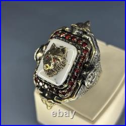 Lion Head White Turquoise 925 Sterling Silver Ring Handcrafted Statement Jewelry