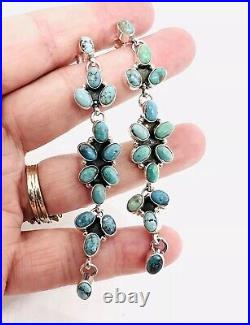 Long Sterling Silver Turquoise Drop Dangle Earrings 3 1/4 16gm Vintage Jewelry