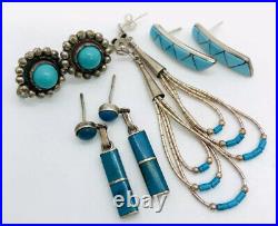 Lot 4 Pair Sterling Silver & Turquoise Native American Earrings Vintage Jewelry