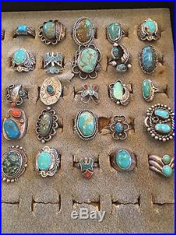 Lot Of Old Sterling Silver Turquoise Native American Rings 428 Grams