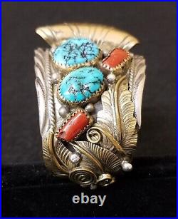 Lrg. Mens Signed Sterling Silver Brass Turquoise Coral Native American Watch Cuff