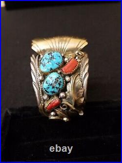 Lrg. Mens Signed Sterling Silver Brass Turquoise Coral Native American Watch Cuff