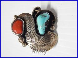 Lrg Ring Vintage Navajo Indian MID Century Sterling Silver Coral Turquoise Sz 7
