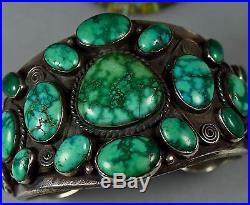 MASSIVE Old Pawn DEEP GREEN CLUSTER TURQUOISE Sterling Silver CUFF Bracelet