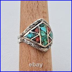 MID Century Navajo 925 Sterling Silver Turquoise And Coral Ring Size 9 MID Century Navajo 925 Sterling Silver Turquoise And Coral Ring Size 9