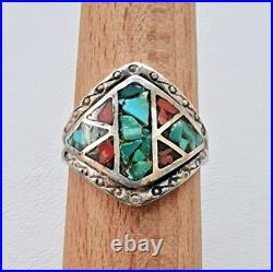 MID Century Navajo 925 Sterling Silver Turquoise And Coral Ring Size 9 MID Century Navajo 925 Sterling Silver Turquoise And Coral Ring Size 9