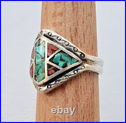 MID Century Navajo 925 Sterling Silver Turquoise And Coral Ring Size 9 MID Century Navajo 925 Sterling Silver Turquoise And Coral Ring Size 9