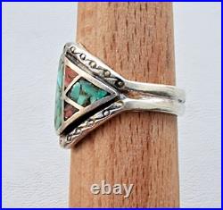 MID Century Navajo 925 Sterling Silver Turquoise And Coral Ring Size 9 MID Century Navajo 925 Sterling Silver Turquoise And Coral Ring Size 9