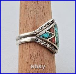 MID Century Navajo 925 Sterling Silver Turquoise And Coral Ring Size 9 MID Century Navajo 925 Sterling Silver Turquoise And Coral Ring Size 9
