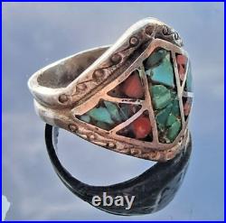 MID Century Navajo 925 Sterling Silver Turquoise And Coral Ring Size 9 MID Century Navajo 925 Sterling Silver Turquoise And Coral Ring Size 9
