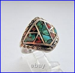 MID Century Navajo 925 Sterling Silver Turquoise And Coral Ring Size 9 MID Century Navajo 925 Sterling Silver Turquoise And Coral Ring Size 9