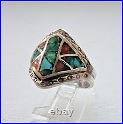 MID Century Navajo 925 Sterling Silver Turquoise And Coral Ring Size 9 MID Century Navajo 925 Sterling Silver Turquoise And Coral Ring Size 9