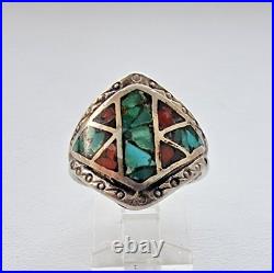 MID Century Navajo 925 Sterling Silver Turquoise And Coral Ring Size 9 MID Century Navajo 925 Sterling Silver Turquoise And Coral Ring Size 9