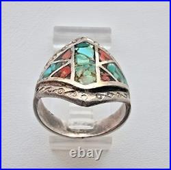 MID Century Navajo 925 Sterling Silver Turquoise And Coral Ring Size 9 MID Century Navajo 925 Sterling Silver Turquoise And Coral Ring Size 9