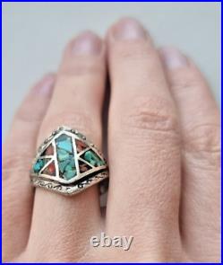 MID Century Navajo 925 Sterling Silver Turquoise And Coral Ring Size 9 MID Century Navajo 925 Sterling Silver Turquoise And Coral Ring Size 9