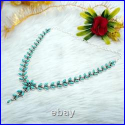 Marquise & Round Turquoise Cabochon 14K White Gold Over Flower Chain 16Necklace