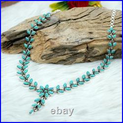 Marquise & Round Turquoise Cabochon 14K White Gold Over Flower Chain 16Necklace