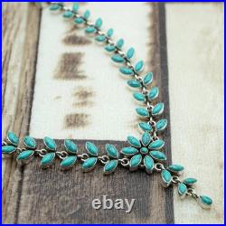 Marquise & Round Turquoise Cabochon 14K White Gold Over Flower Chain 16Necklace