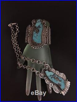 Massive Signed Navajo Sterling Silver Turquoise Cuff Bracelet & Necklace Set