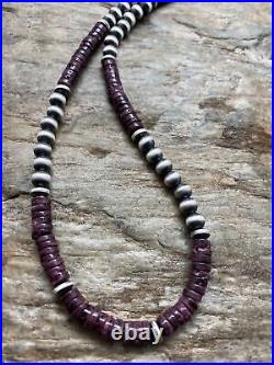 Mens Sterling Silver Purple Spiny Oyster Navajo Pearls Bead Necklace 18 Inch