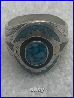 Mens Sterling Silver Ring Turquoise Inlay Signed Makers Mark Jewelry